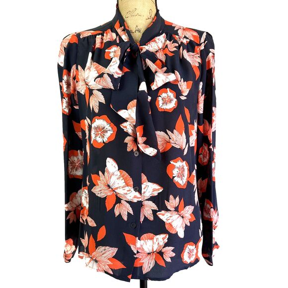 Shoshanna Women's Silk Black Floral Print Long Sleeve Tie Neckline Blouse Sz 10 - Picture 1 of 11